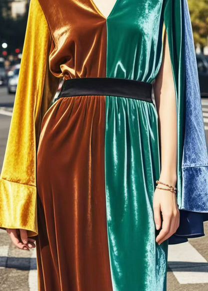 Colorblock Patchwork Silk Velvet Cinched Dresses Side Open Spring
