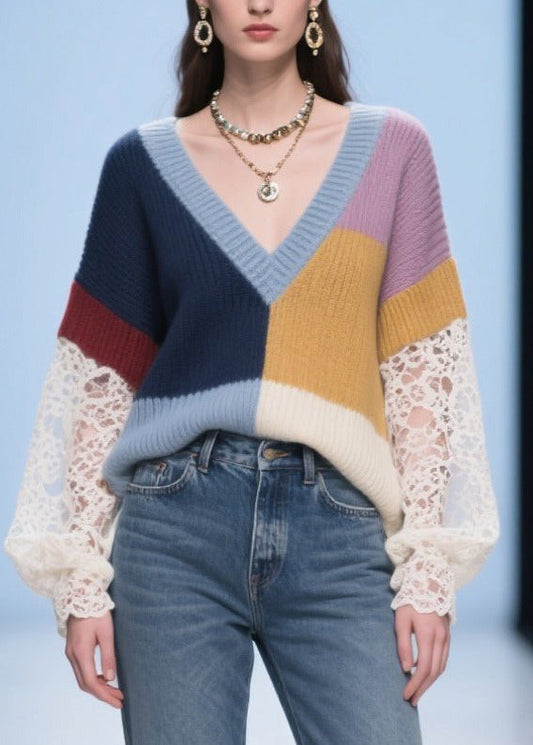 Colorblock Patchwork Sweaters Asymmetrical Hollow Out Fall