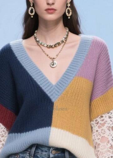 Colorblock Patchwork Sweaters Asymmetrical Hollow Out Fall