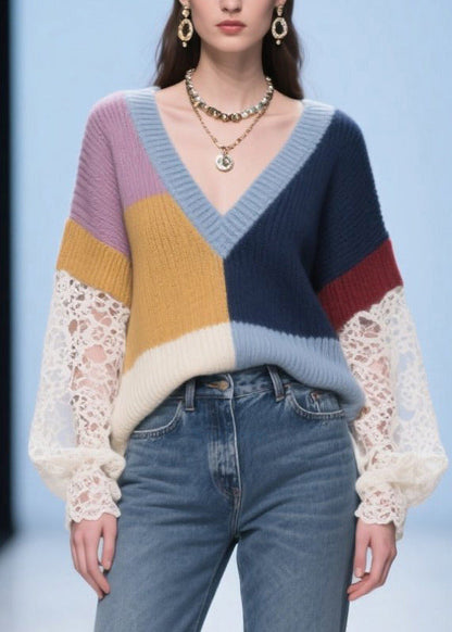 Colorblock Patchwork Sweaters Asymmetrical Hollow Out Fall