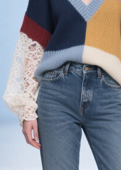 Colorblock Patchwork Sweaters Asymmetrical Hollow Out Fall