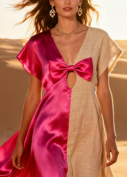 ColorblockC Patchwork Linen Silk Long Dress Asymmetrical Design Bow Summer