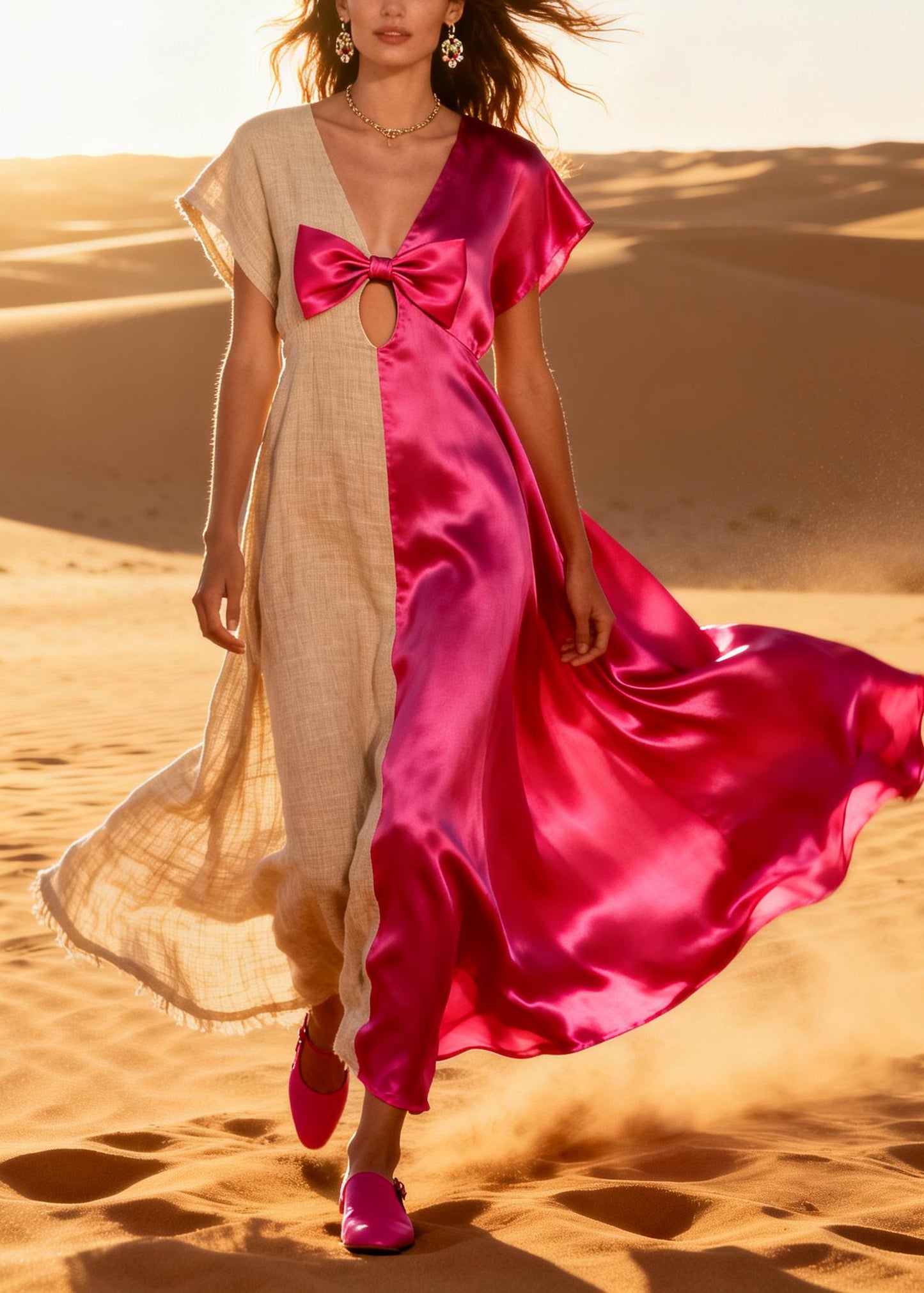 ColorblockC Patchwork Linen Silk Long Dress Asymmetrical Design Bow Summer