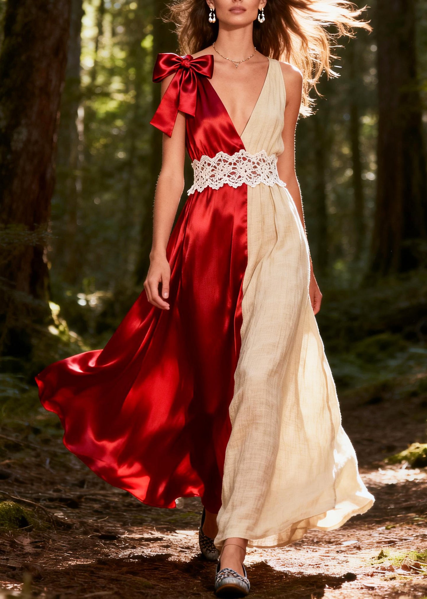 ColorblockC Patchwork Linen Silk Long Dress Asymmetrical Design Summer