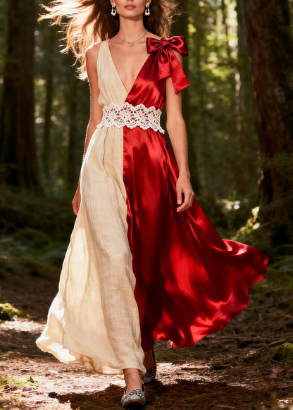 ColorblockC Patchwork Linen Silk Long Dress Asymmetrical Design Summer