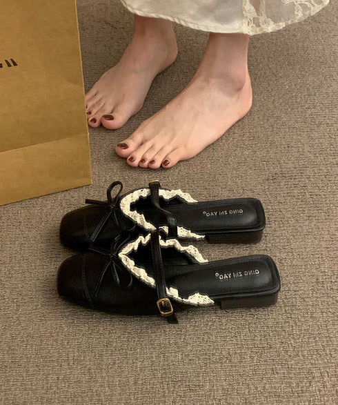 Comfortable Black Faux Leather Splicing Lace Thong Sandals
