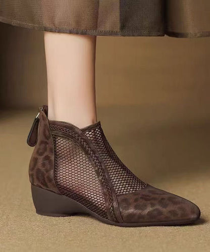 Comfortable Brown Leopard Faux Leather Boots Hollow Out Splicing Boots