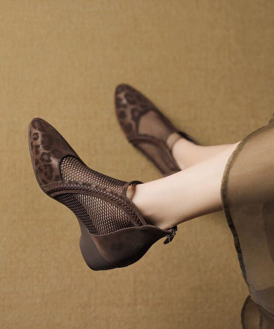 Comfortable Brown Leopard Faux Leather Boots Hollow Out Splicing Boots