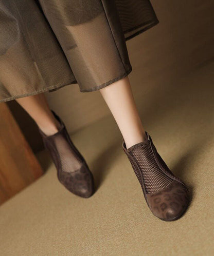 Comfortable Brown Leopard Faux Leather Boots Hollow Out Splicing Boots
