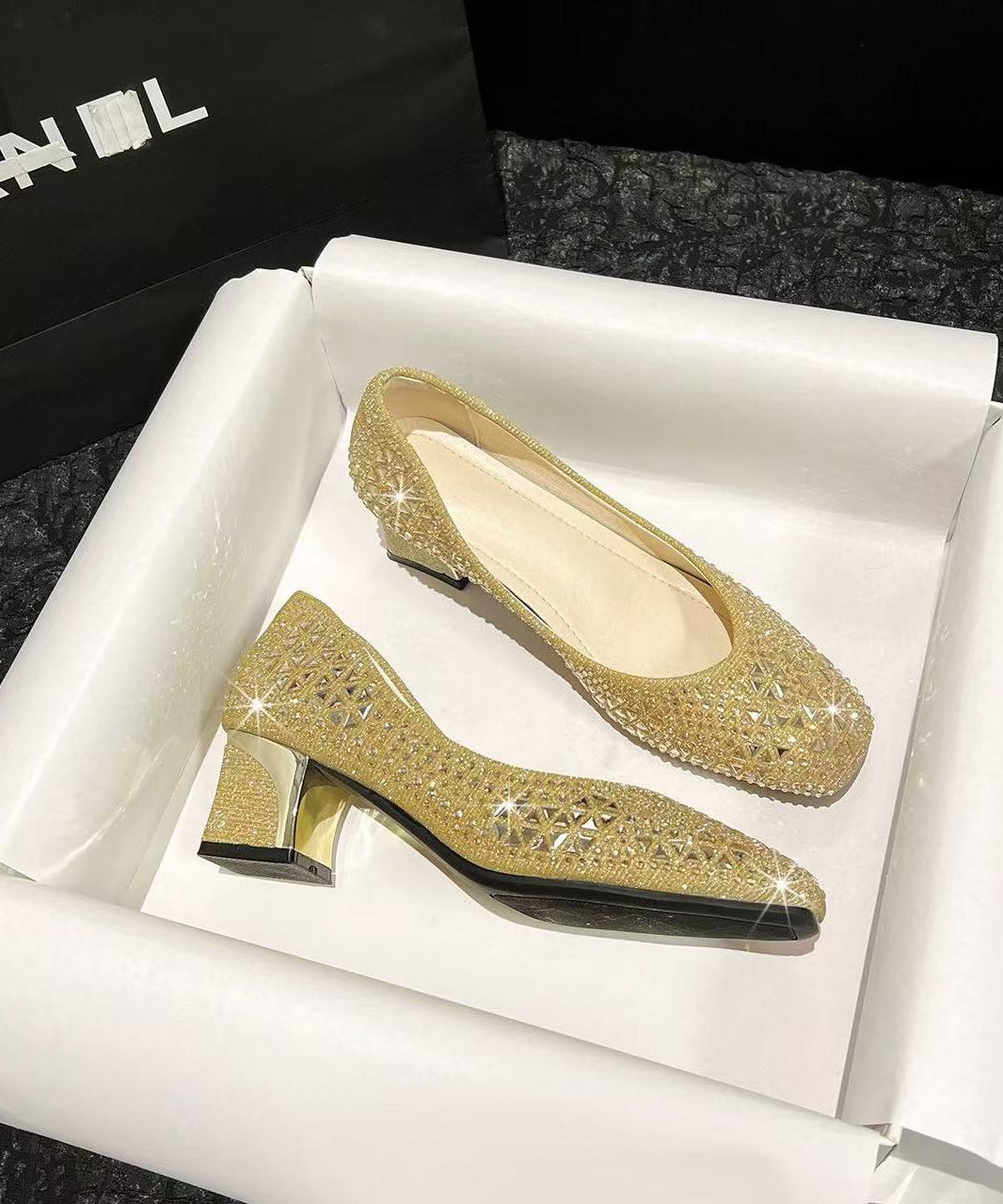 Comfortable Champagne Chunky High Heels Sparkly Faux Leather