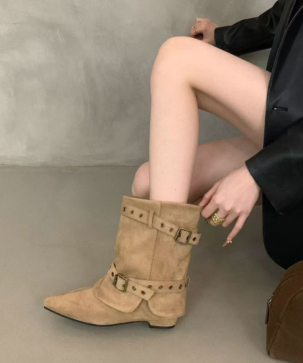 Comfortable Chunky Boots Khaki Faux Leather