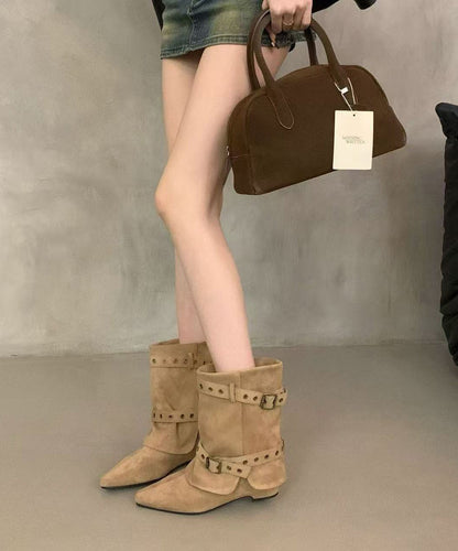 Comfortable Chunky Boots Khaki Faux Leather