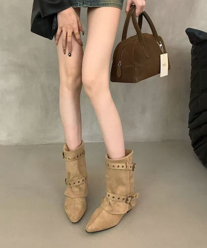 Comfortable Chunky Boots Khaki Faux Leather