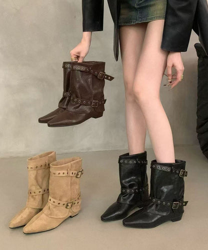 Comfortable Chunky Boots Khaki Faux Leather