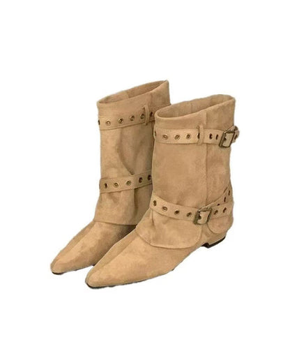 Comfortable Chunky Boots Khaki Faux Leather