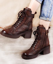 Load image into Gallery viewer, Comfortable Dark Brown Lace Up Hollow Out Zipper Chunky Boots