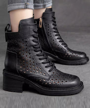 Load image into Gallery viewer, Comfortable Dark Brown Lace Up Hollow Out Zipper Chunky Boots