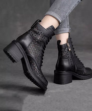 Load image into Gallery viewer, Comfortable Dark Brown Lace Up Hollow Out Zipper Chunky Boots