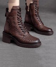 Load image into Gallery viewer, Comfortable Dark Brown Lace Up Hollow Out Zipper Chunky Boots