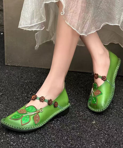 Comfortable Flat Shoes Green Leaf Cowhide Leather