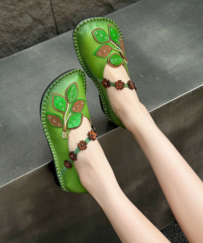 Comfortable Flat Shoes Green Leaf Cowhide Leather
