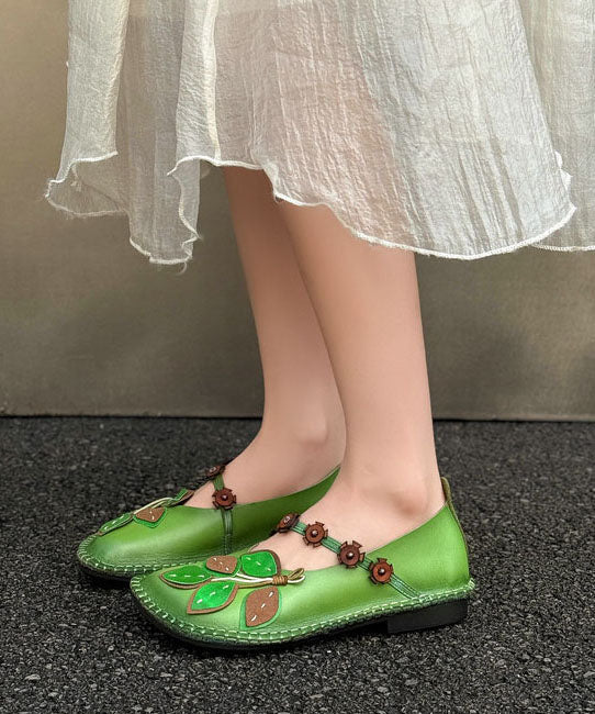 Comfortable Flat Shoes Green Leaf Cowhide Leather