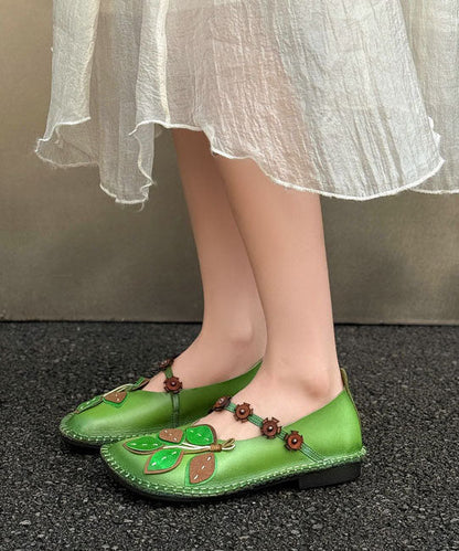 Comfortable Flat Shoes Green Leaf Cowhide Leather