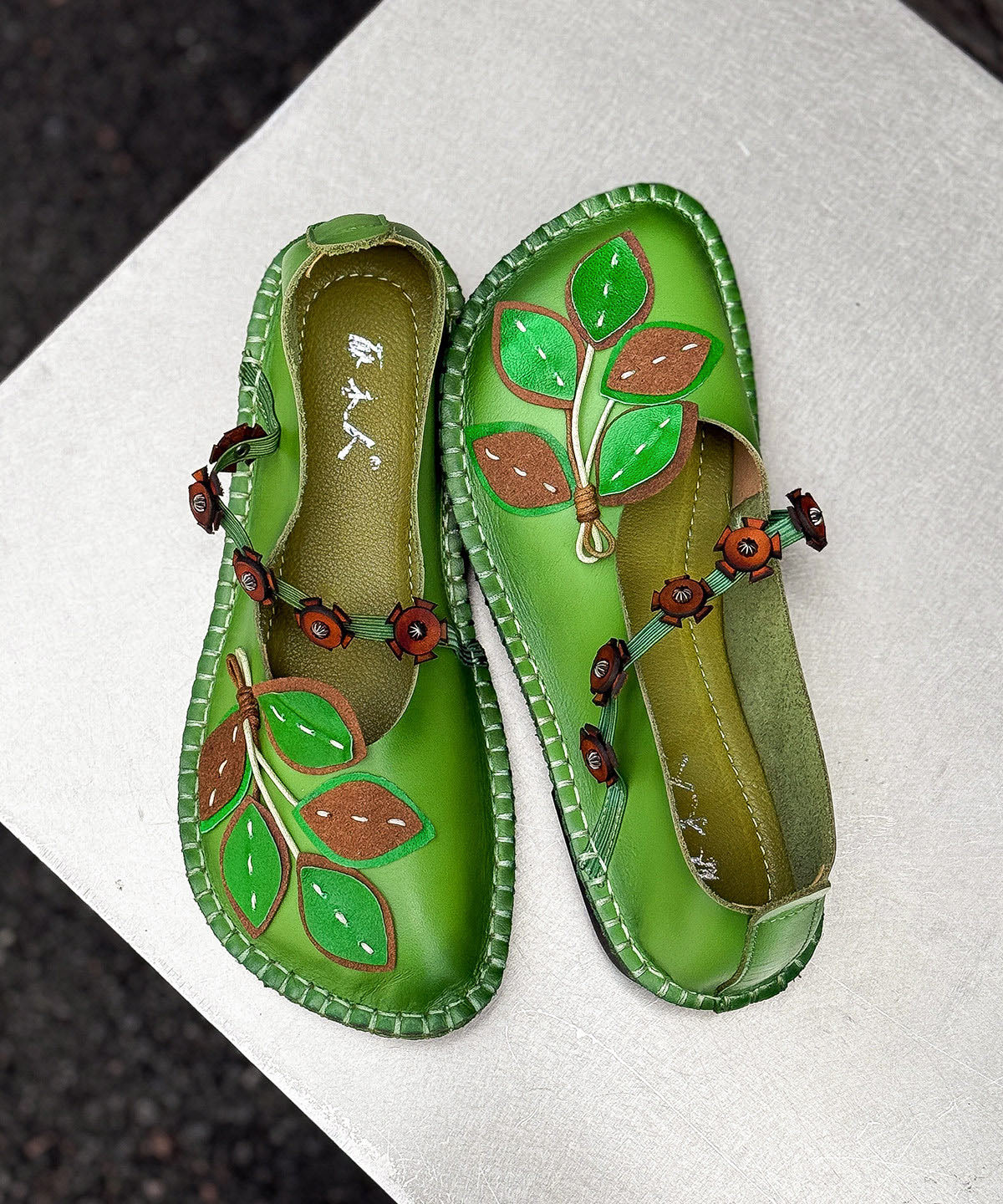 Comfortable Flat Shoes Green Leaf Cowhide Leather