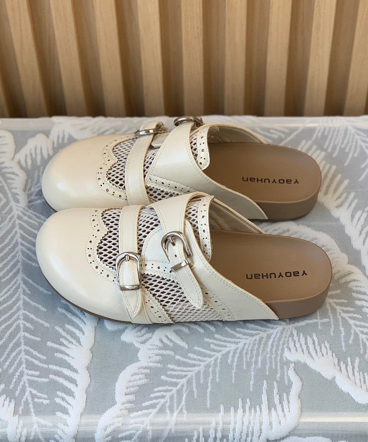 Comfortable Hollow Out Beige Faux Leather Slide Sandals