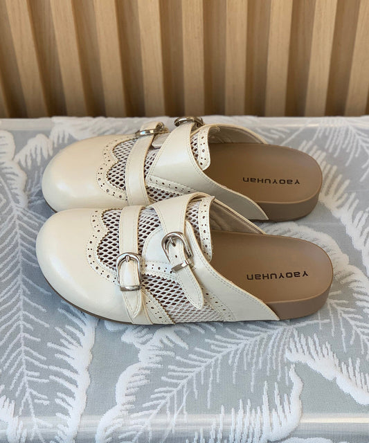 Comfortable Hollow Out Beige Faux Leather Slide Sandals