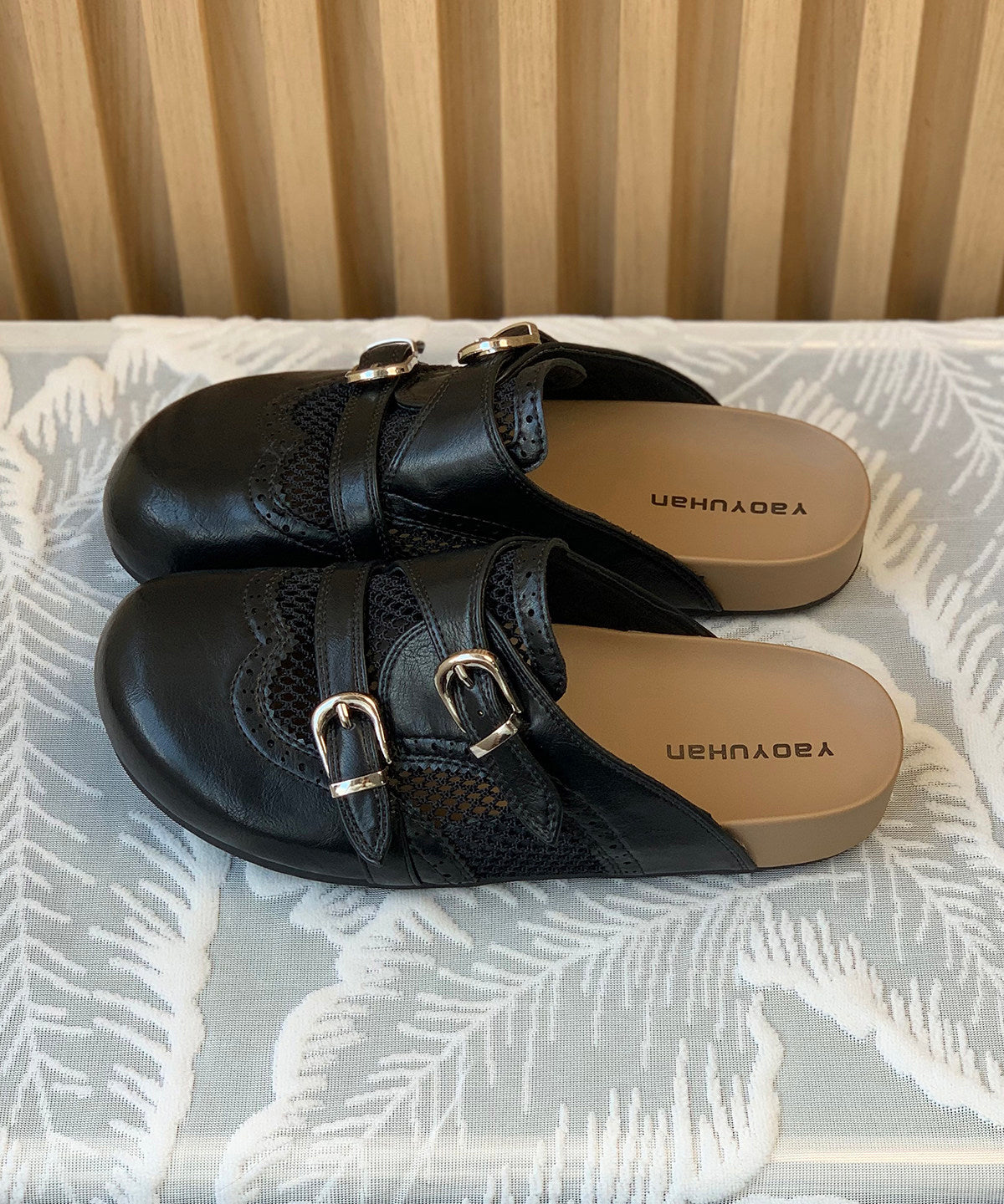 Comfortable Hollow Out Beige Faux Leather Slide Sandals