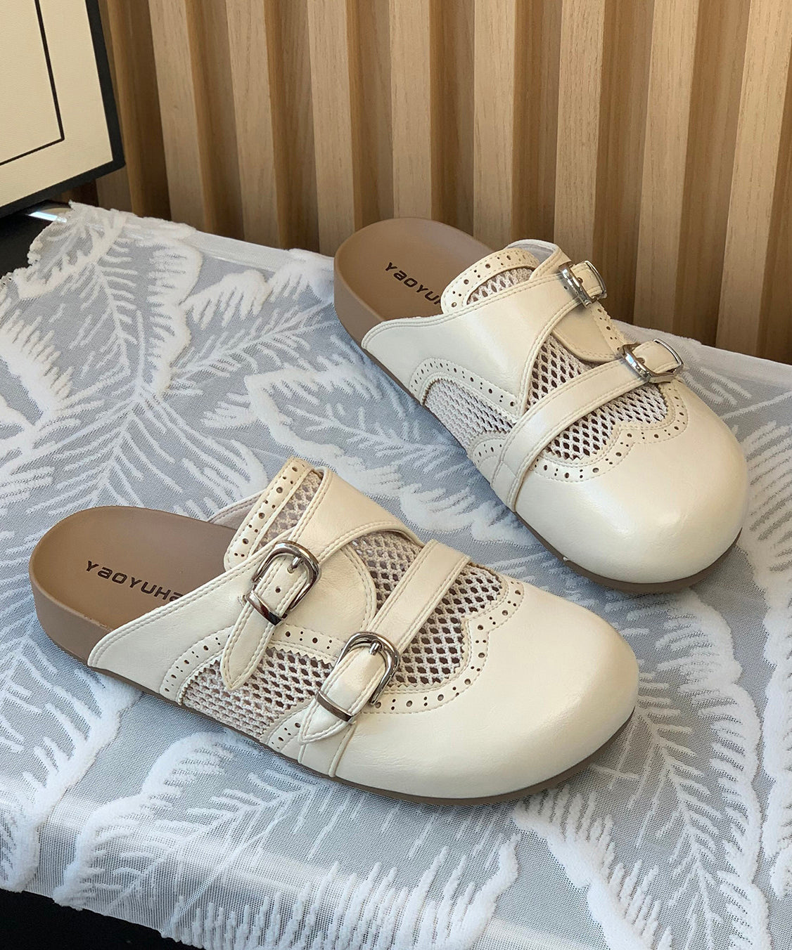 Comfortable Hollow Out Beige Faux Leather Slide Sandals