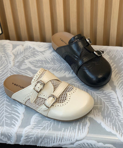 Comfortable Hollow Out Beige Faux Leather Slide Sandals