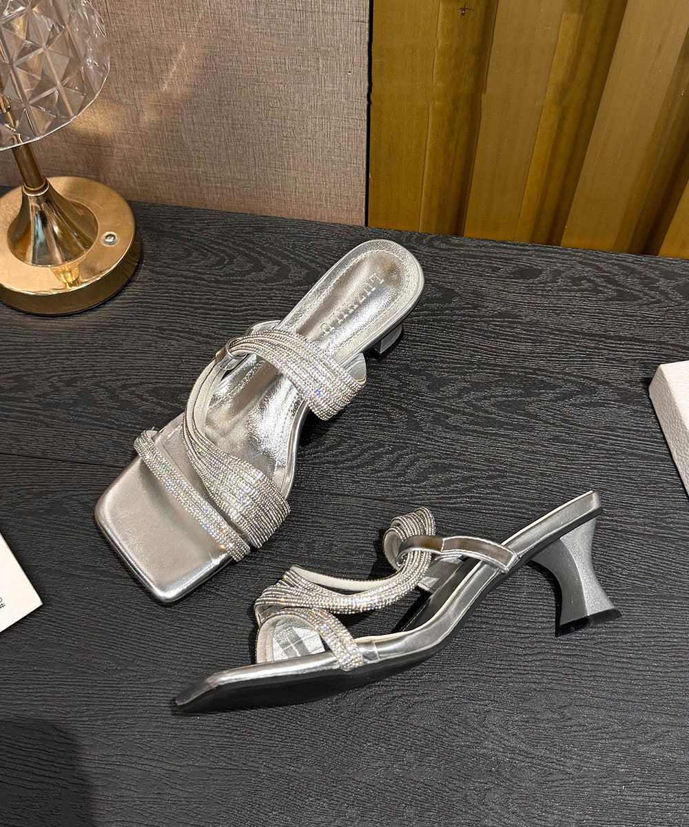 Comfortable Silvery High Heel Faux Leather Boho Peep Toe Flip Flops
