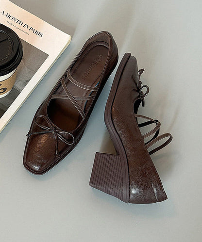 Comfortable Splicing Chunky High Heels Brown Faux Leather Cross Strap