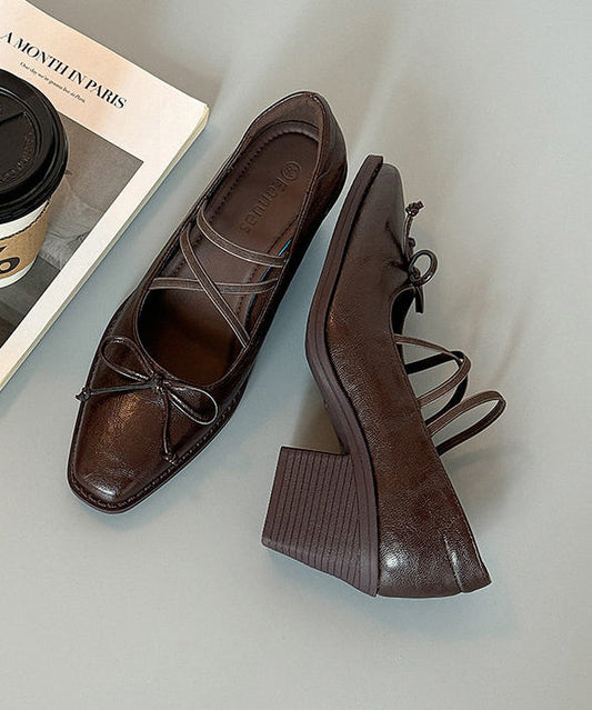 Comfortable Splicing Chunky High Heels Brown Faux Leather Cross Strap