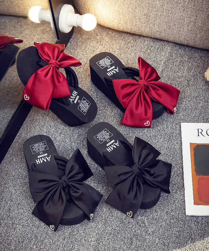 Comfortable Splicing Wedge Red Cotton Fabric Bow Peep Toe