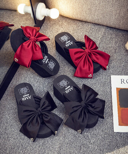 Comfortable Splicing Wedge Red Cotton Fabric Bow Peep Toe