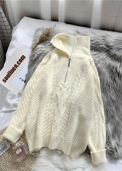 Comfy  light green knitted blouse trendy plus size high neck zippered knit tops - SooLinen