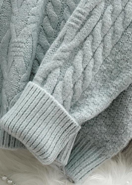 Comfy  light green knitted blouse trendy plus size high neck zippered knit tops - SooLinen