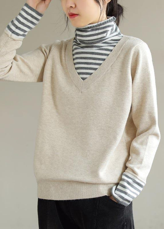 Comfy Beige Blouse Patchwork High Neck Plus Size Spring Knitted Blouse - SooLinen