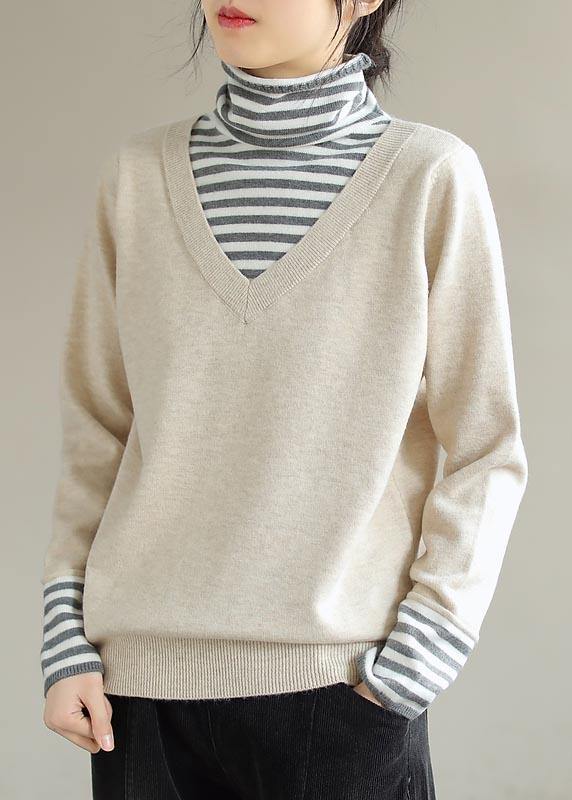 Comfy Beige Blouse Patchwork High Neck Plus Size Spring Knitted Blouse - SooLinen