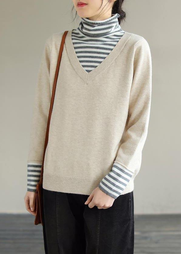 Comfy Beige Blouse Patchwork High Neck Plus Size Spring Knitted Blouse - SooLinen