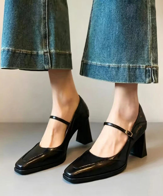 Comfy Black Buckle Strap Faux Leather Chunky High Heels