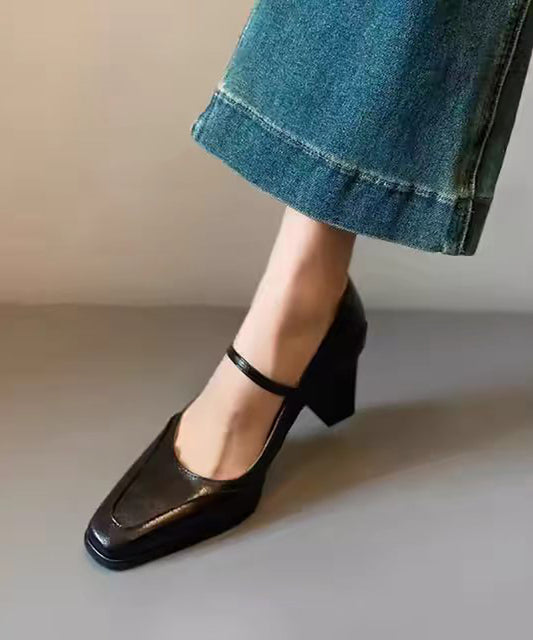 Comfy Black Buckle Strap Faux Leather Chunky High Heels