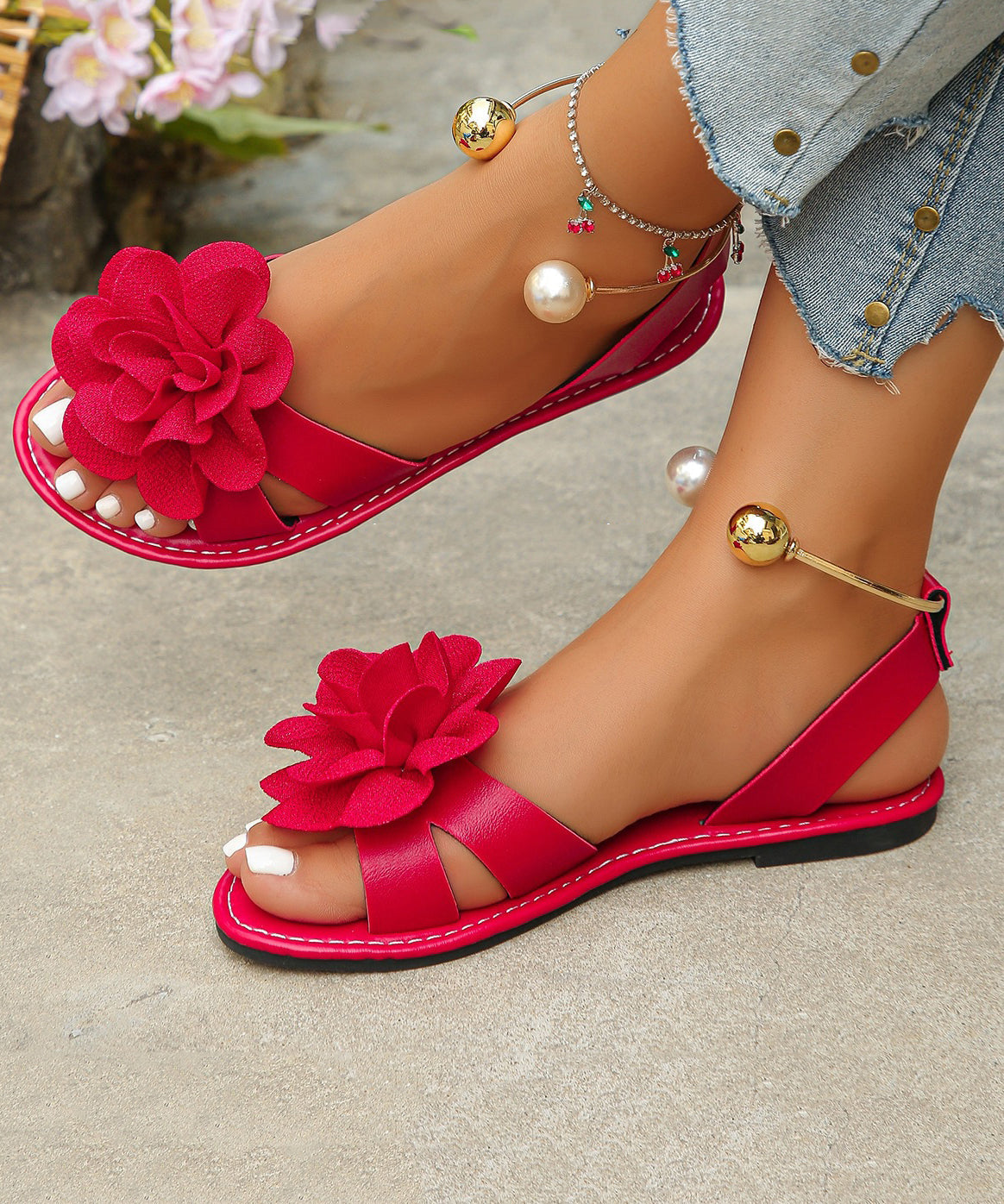 Comfy Black Flat Sandals Splicing Floral Peep Toe