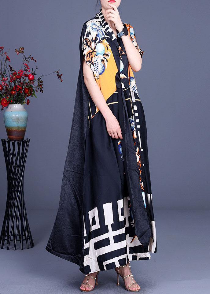 Comfy Black Print Patchwork Silk Robe Dresses Summer - SooLinen