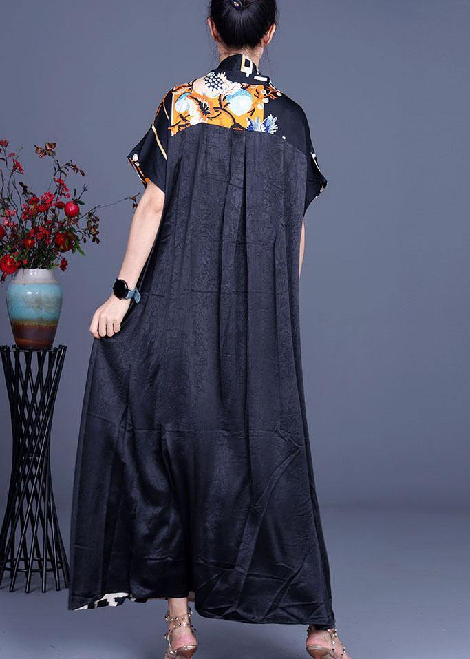 Comfy Black Print Patchwork Silk Robe Dresses Summer - SooLinen