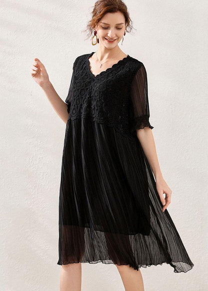 Comfy Black Wrinkled Patchwork Spring Short Sleeve Dress - SooLinen