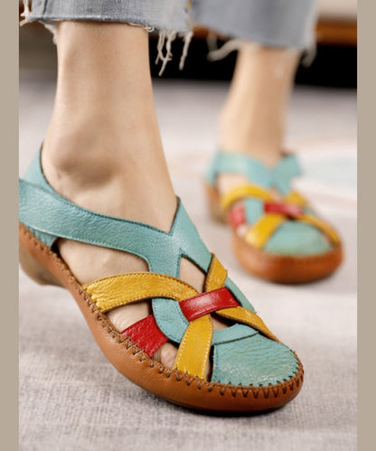 Comfy Blue Cowhide Hollow Out Splicing Cross Strap Sandals